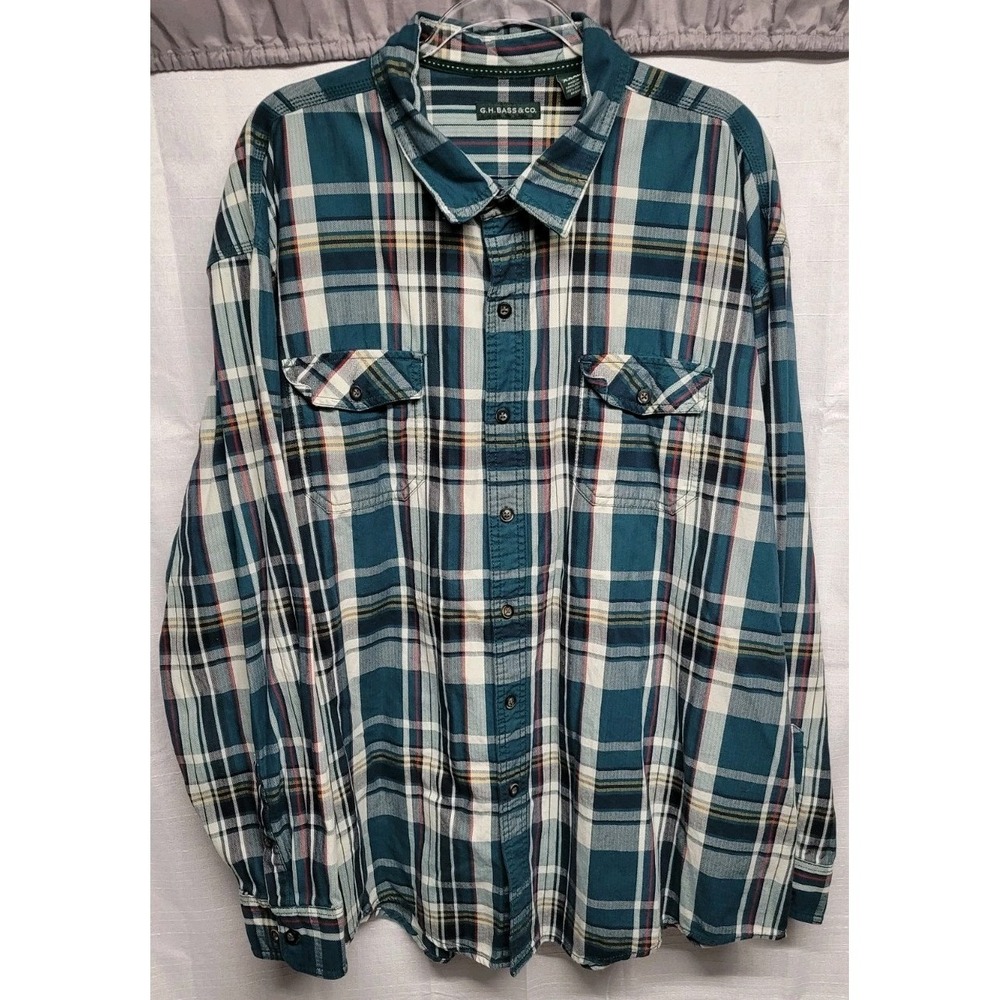 G.H. Bass & Co 100% Cotton Mens 3xl Mountain Twill Woven Button Down Plaid Green